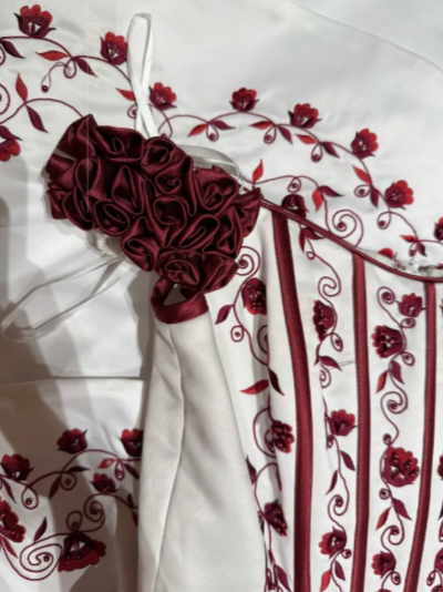 Unique A Line Off the Shoulder Red Embroidery Satin Prom Dress Party Evening Dress DP5324