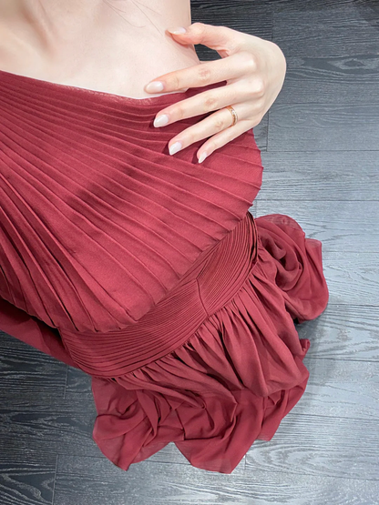 Elegant Burgundy A Line One Shoulder Pleated Chiffon Long Prom Dress Evening Dress DP4774