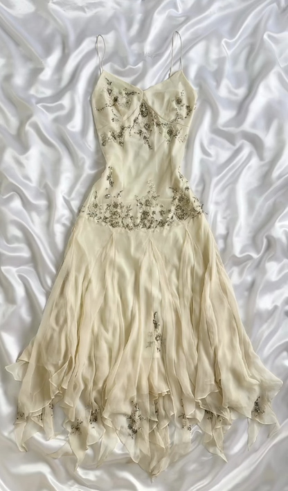Vintage Pretty A Line Straps Beaded Ivory Ruffle Chiffon Homecoming Dress Outfits DP5132