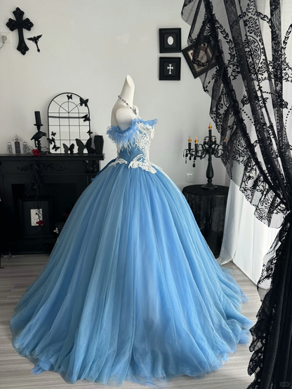Blue Ball Gown Off the Shoulder Feather Beaded Tulle Prom Dress Quinceanera Dress DP6956
