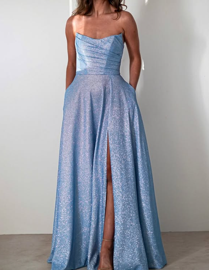 Shiny Blue Sequin A Line Strapless Long Prom Dress Evening Dress with Slit DP6597