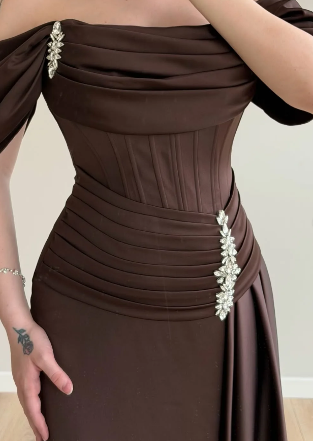 Elegant Brown A Line Off the Shoulder Satin Prom Dress Date Dress DP5090