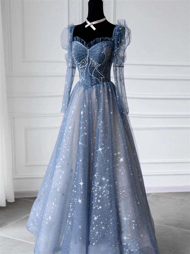 Blue Tulle Beaded Long Fairy Ball Gown Long Sleeves Tulle Prom Dress Quinceanera Dress DP306