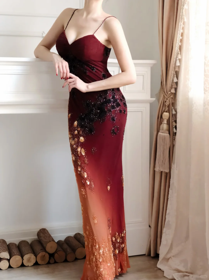 Vintage Sheath Spaghetti Strap Beaded Burgundy Ombre Chiffon Prom Dress Evening Dress DP8256
