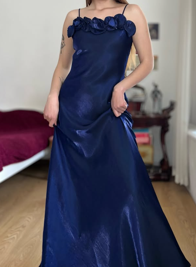 Dazzling Navy Blue A Line Straps Floral Satin Prom Dress Evening Dress Date Dress DP5703