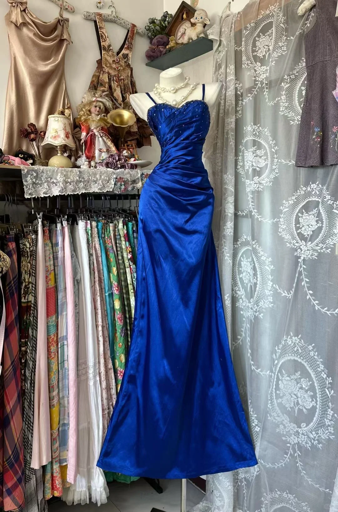 Vintage Royal Blue Mermaid Spaghetti Strap Beaded Satin Prom Dress Evening Dress DP5232