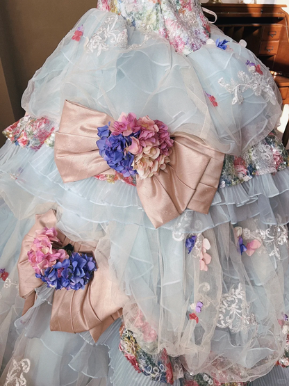 Dreamy Baby Blue Ball Gown Floral Tulle Prom Dress 16TH Birthday Dress DP5017