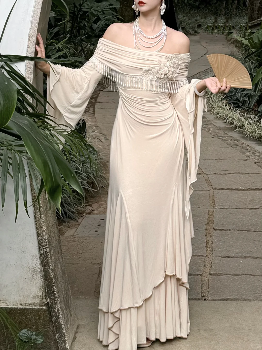 Vintage A Line Long Sleeve Beaded Apricot Satin Long Prom Dress Evening Dress DP6465