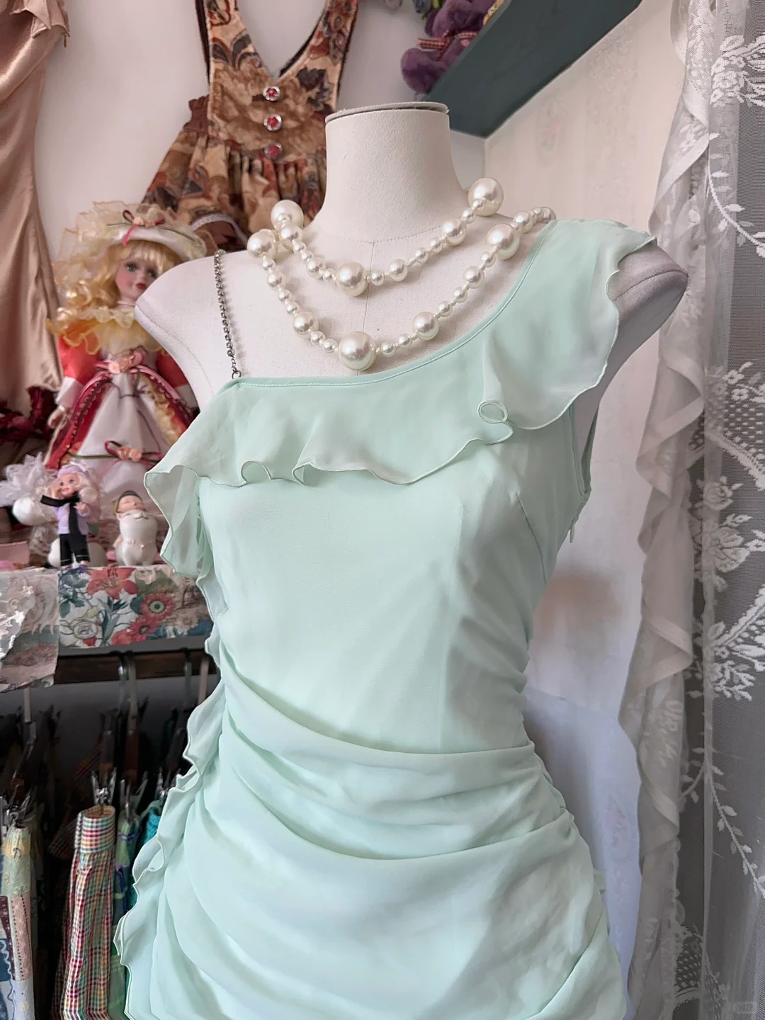 Vintage A Line One Shoulder Mint Green Ruffle Chiffon Short Homecoming Dress Outfits DP5003