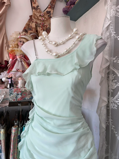 Vintage A Line One Shoulder Mint Green Ruffle Chiffon Short Homecoming Dress Outfits DP5003