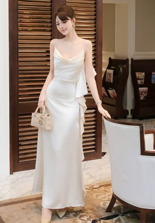 Pretty A Line Spaghetti Strap Ruffle Ivory Satin Backless Prom Dress Evening Dress DP5922