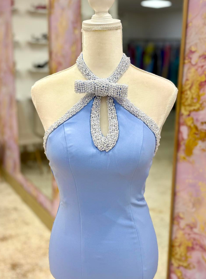 Sweety Light Blue Mermaid Pearl Satin Long Prom Dress Evening Dress DP6565