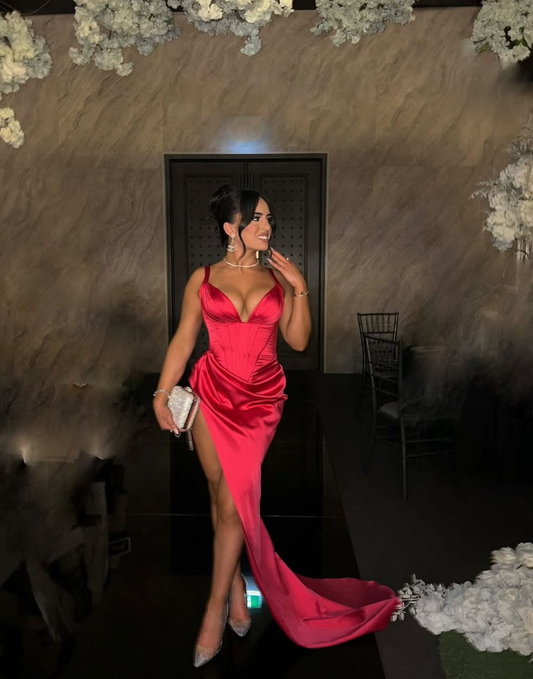 Stunning Sheath Spaghetti Strap Red Satin Long Prom Dress Evening Dress DP1788