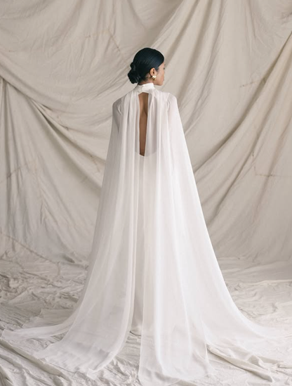 Flowy White Sheath Long Sleeve V Neck Chiffon Wedding Dress Prom Dress DP3659