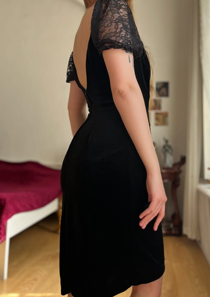Vintage Sheath Puff Sleeve Black Velvet Knee Length Prom Dress Evening Dress DP5728