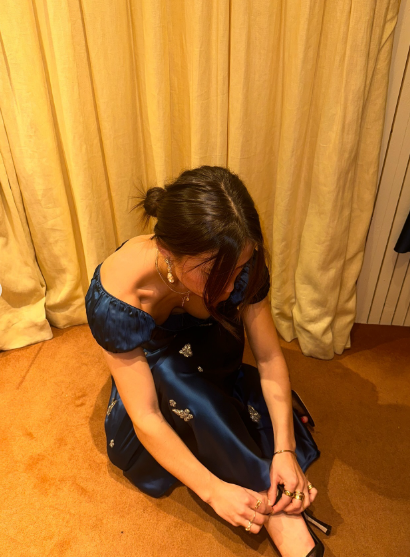 Navy Blue A Line Straps Exquisite Beaded Satin Prom Dress Evening Dress Outfits DP7187