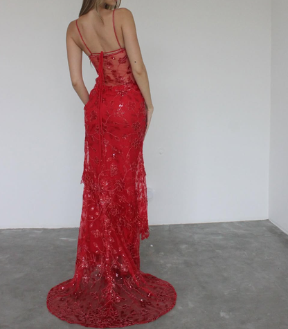 Charming Sheath Spaghetti Straps Beaded Sequined Tulle Long Prom Dress Evening Dress DP1528