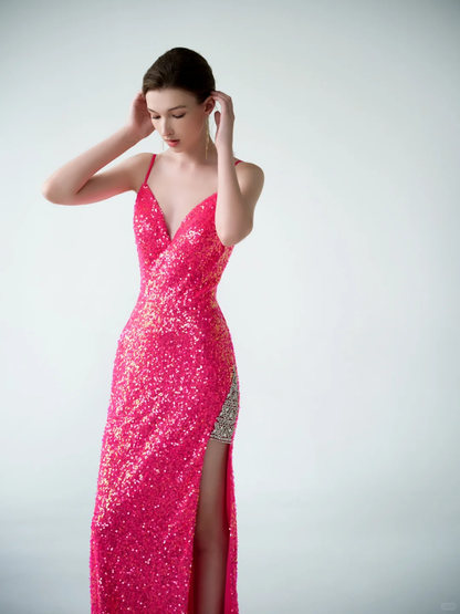 Sexy Mermaid Spaghetti Straps Pink Sequin Prom Dress Formal Gown with Slit DP3722