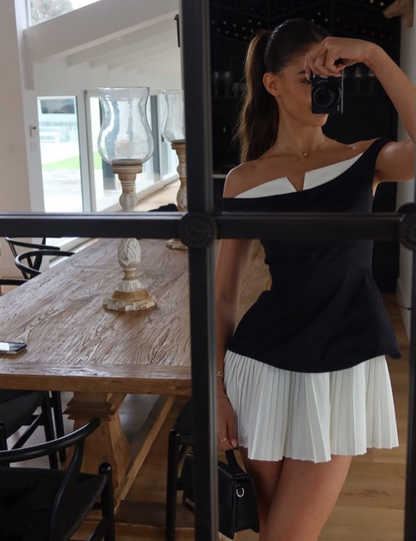 Pretty Black-white A Line Off the Shoulder Satin Short Prom Dress Homecoming Dress DP7464