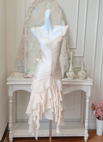 Light Champagne Sheath Spaghetti Strap Chiffon Satin Homecoming Dress Outfits DP3590