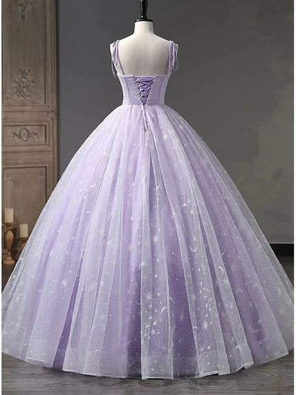 Star and Moon Fantasy Tulle A-Line Long Evening Dress, Sweet 16 Purple  Prom Dress Quinceanera Dress DP009