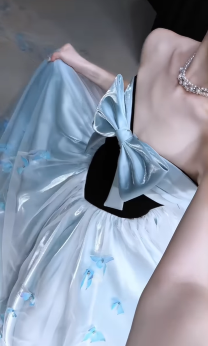 Princess Ball Gown Bow Butterfly Blue Tulle Satin Long Prom Dress DP4646