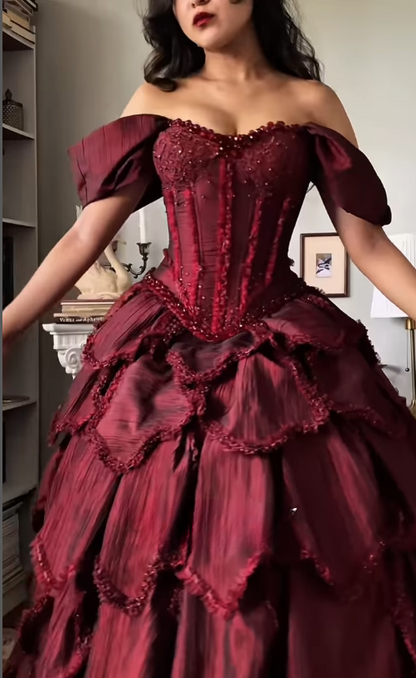 Burgundy Ball Gown Off the Shoulder Layered Beaded Satin 16th Birthday Dress Quinceanera Dress DP4438