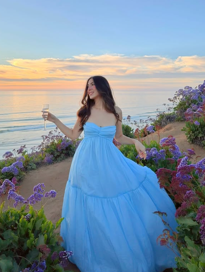 Sky Blue A Line Strapless Tulle Prom Dress Evening Dress Vacation Dress DP5606