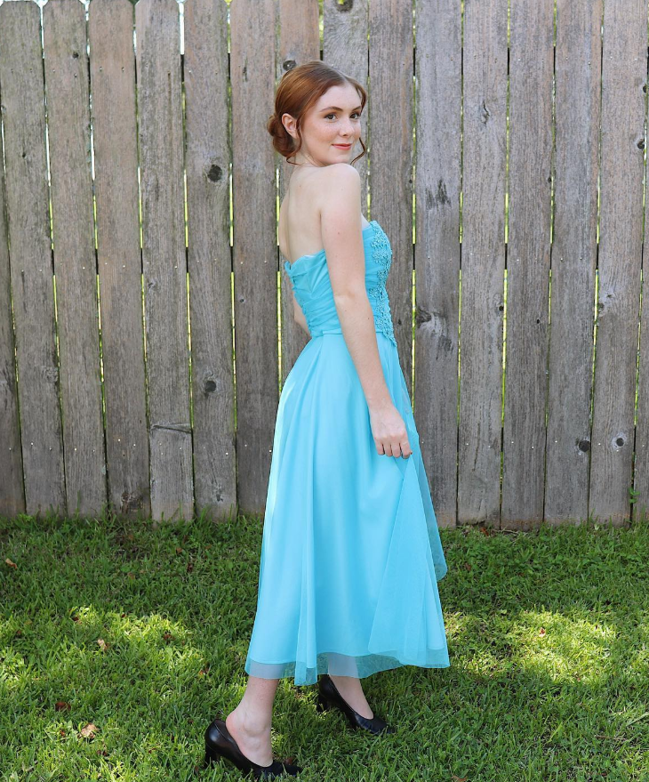 Cute A Line Strapless Appliques Blue Tulle Party Dress Evening Dress DP2278
