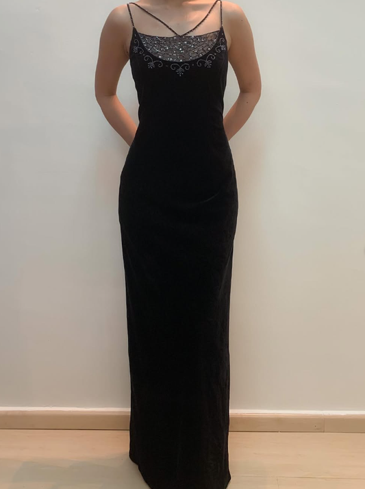 Vintage Sheath Spaghetti Strap Beaded Black Velvet Prom Dress Evening Dress DP1617