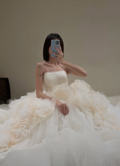 Elegant A Line Strapless Ruffle Tulle Prom Dress DP4709