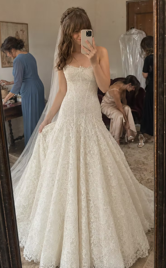 Elegant A Line Strapless White Lace Long Wedding Dress DP7995