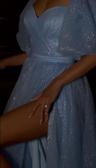 Shiny Ball Gown Puff Light Blue Sequin Short Prom Dress Homecoming Dress with Slit DP3937