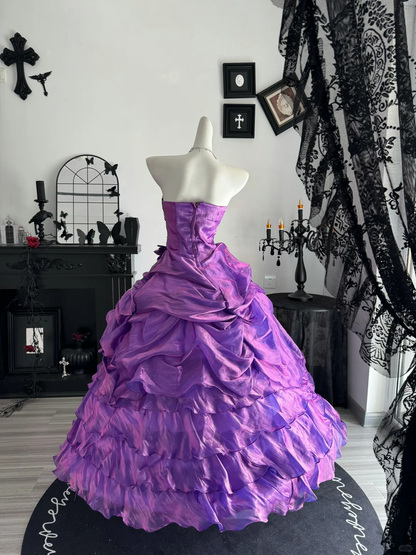 Vintage Purple Ball Gown Strapless Beaded Layered Satin Prom Dress Quinceanera Dress DP6962