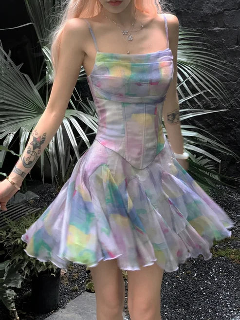 Summer Colorful A Line Spaghetti Strap Chiffon Short Homecoming Dress Outfits DP6395