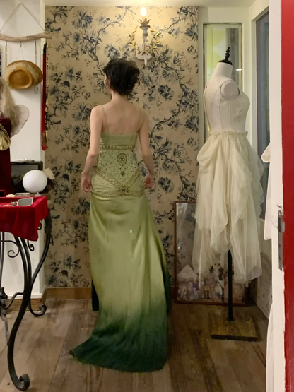 Vintage Green Ombre Mermaid Spaghetti Straps Beaded Satin Prom Dress 18th Birthday Dress DP3926