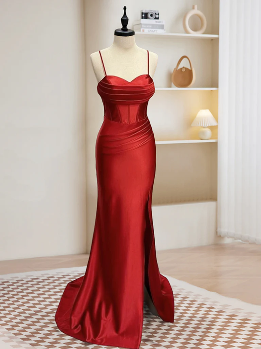 Spaghetti Straps Red Satin Pleated Mermaid Slit Long Prom Dress DP043