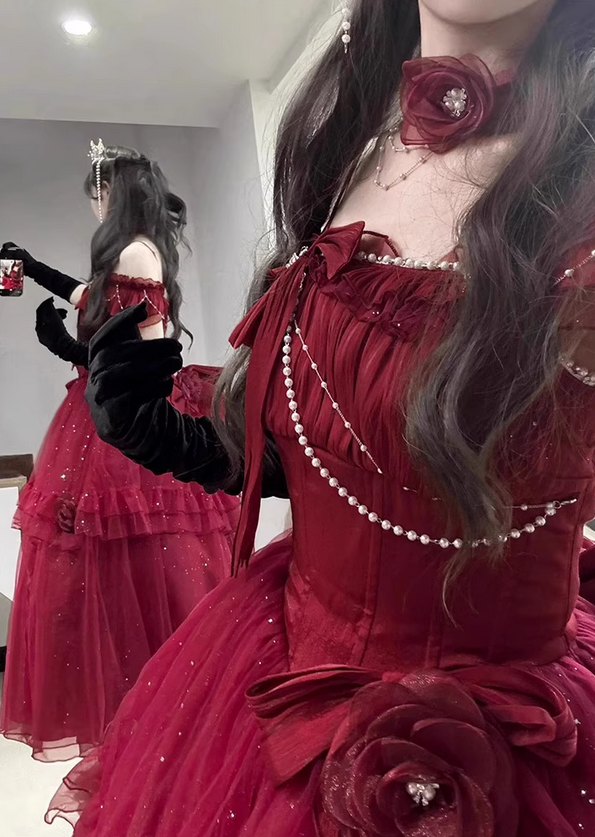 Burgundy Ball Gown Straps Pearls Sequin Tulle Prom Dress 16th Birthday Dress DP4502