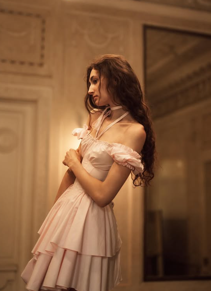Sweety Light Pink A Line Layered Chiffon Short Prom Dress Homecoming Dress DP6347