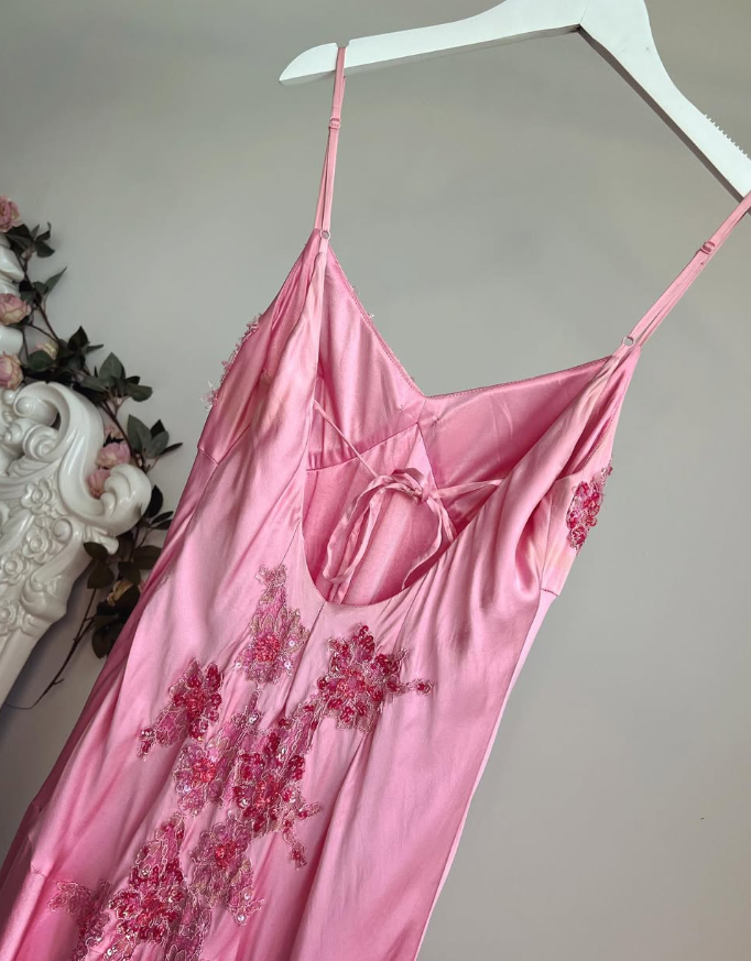 Vintage Pink Mermaid Spaghetti Straps Appliques Satin Prom Dress Party Dress Date Dress DP4447