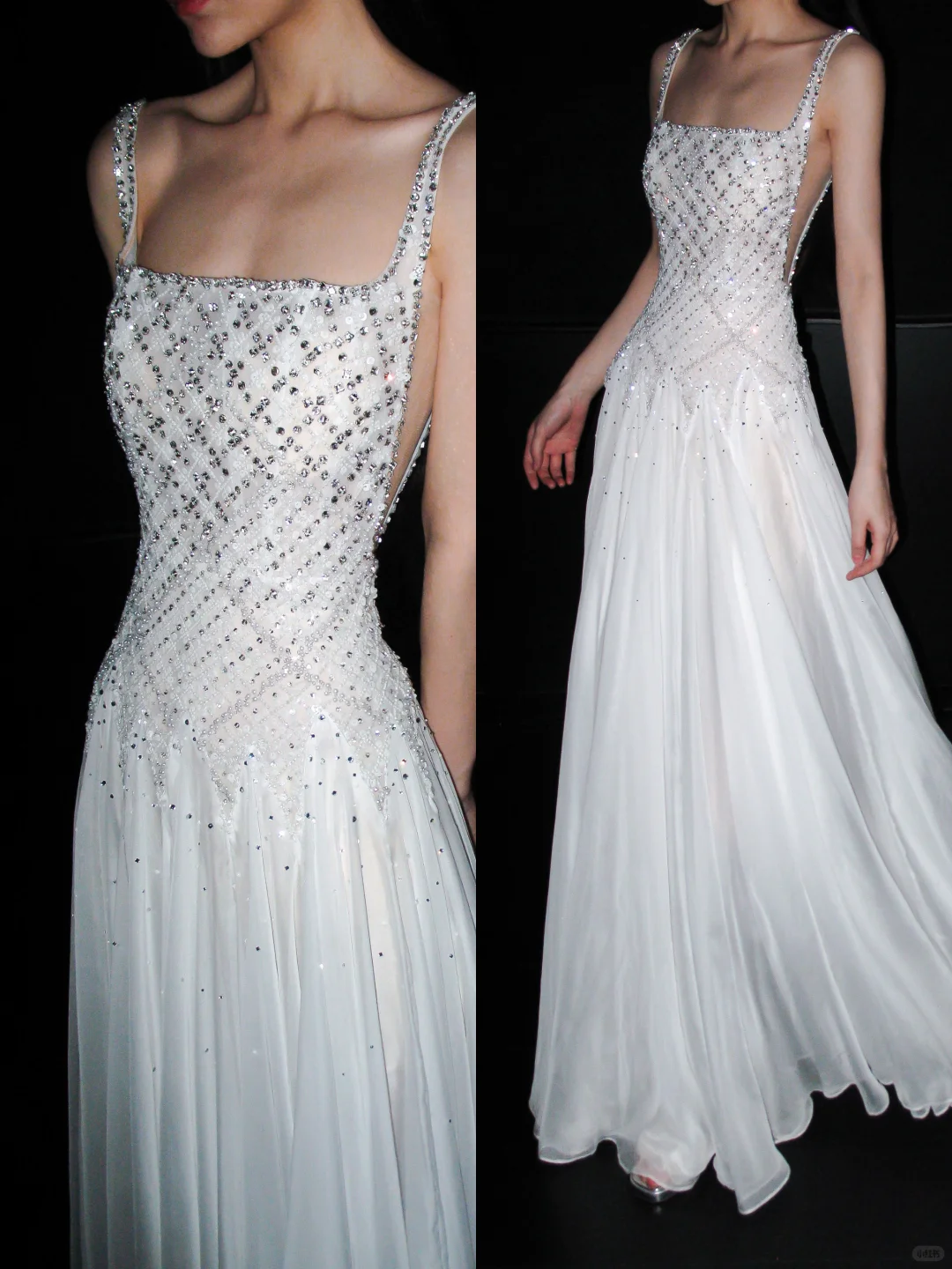 Shiny Exquisite Beaded Sequin A Line Straps White Chiffon Long Wedding Dress DP6379