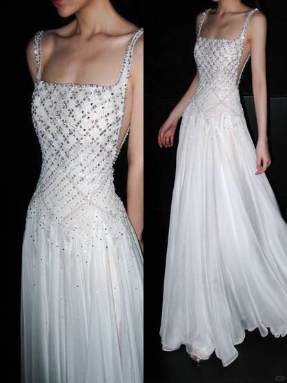 Shiny Exquisite Beaded Sequin A Line Straps White Chiffon Long Wedding Dress DP6379