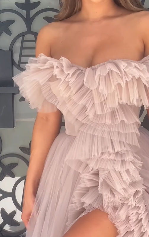 Princess Grey-purple A Line Off the Shoulder Tulle Prom Dress Evening Dress with Slit DP6205