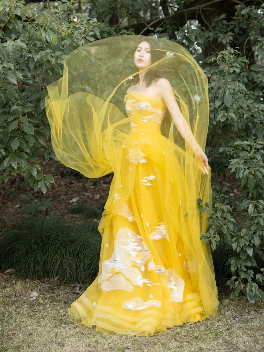 Yellow A Line Strapless White Appliques Tulle Long Prom Dress Party Dress DP4304