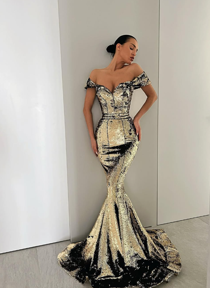 Sexy Shiny Mermaid Off the Shoulder Gold-black Sequin Prom Dress Date Dress DP5192
