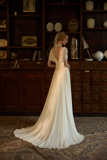 Gentle A Line V Neck Beaded Chiffon Long Prom Dress Wedding Guest Dress DP3923
