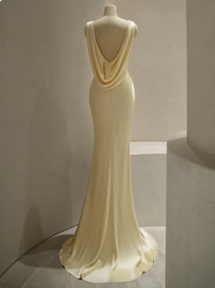Pastel Yellow Satin Backless Mermaid Long Prom Dress DP143