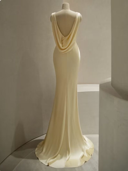 Pastel Yellow Satin Backless Mermaid Long Prom Dress DP143