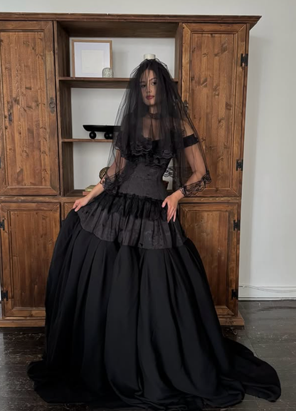 Black Ball Gown Off the Shoulder Satin Lace Prom Dress 16th Birthday Dress DP4281
