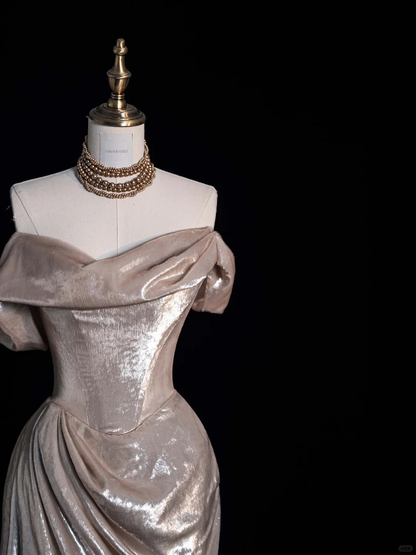 Champagne A Line Off the Shoulder Satin Party Dress Prom Graduation Prom Dress DP1987
